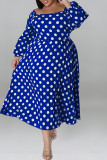 Blå Casual Dot Print Patchwork Rygglös O-hals långärmade klänningar i plusstorlek (utan bälte)