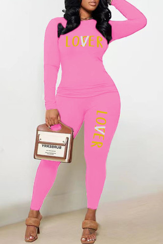 Pink Casual Letter Print Patchwork O Neck Short Sleeve Two Pieces