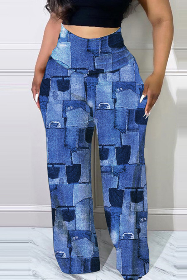 Pantalones de cintura alta regulares de patchwork con estampado casual de moda azul