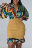 Gelbe, sexy, nicht positionierte, bedruckte Patchwork-Kleider mit V-Ausschnitt und langen Ärmeln