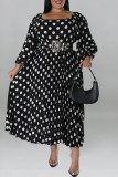 Green Casual Dot Print Patchwork Backless O Neck Long Sleeve Plus Size Dresses (Without Belt)