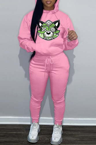 Pink Casual Print Long Sleeve Sweatshirt And Skinny Pants Sportwear Two Piece Jogger Set