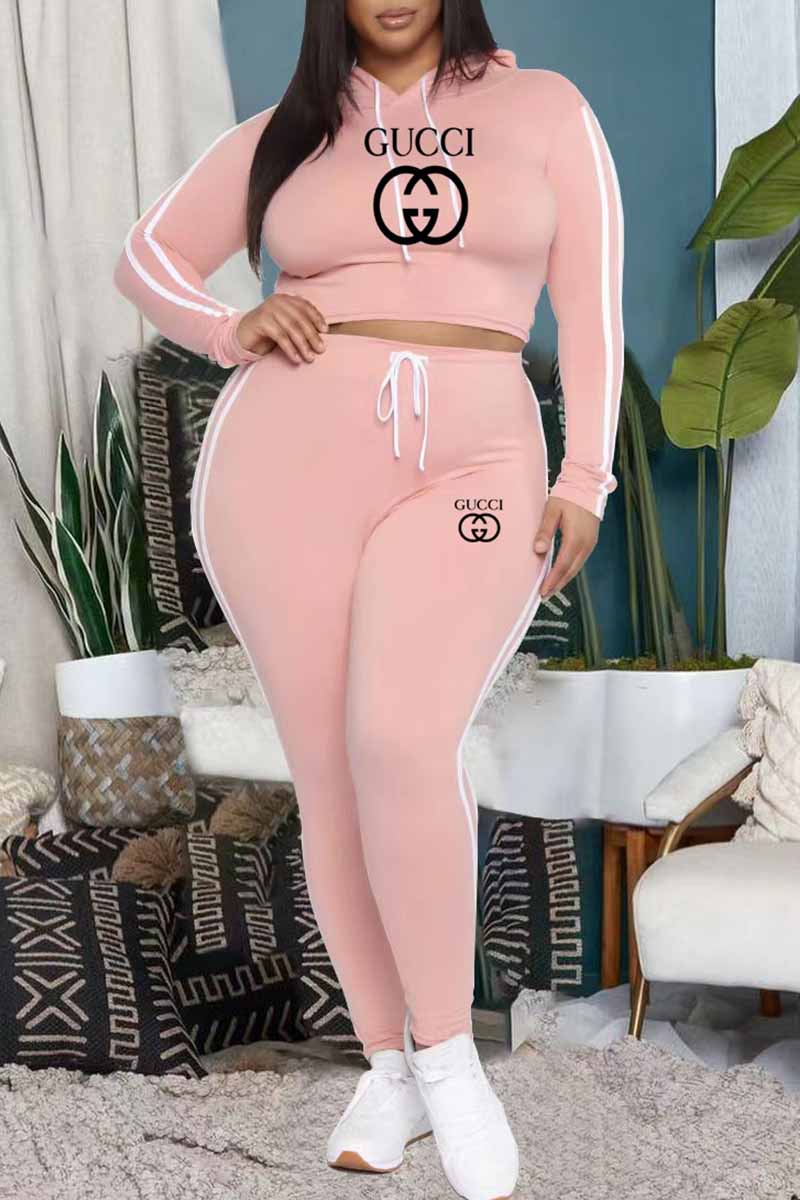 

Pink Sportswear Print Letter Hooded Collar Plus Size Two Pieces
