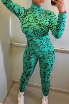 Green Sexy Print Patchwork Half A Turtleneck Skinny Jumpsuits