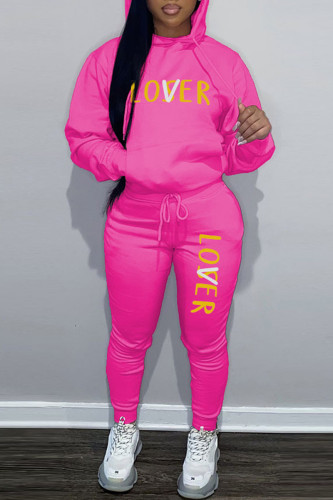 Rose Red Casual Letter Print Long Sleeve Sweatshirt And Skinny Pants Sportwear Two Piece Jogger Set