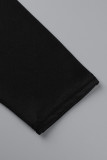 Schwarze, lässige, solide Patchwork-Falte mit V-Ausschnitt, A-Linie, Kleider in Übergröße