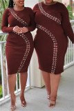 Burgundy Fashion Casual Solid Hollowed Out O Neck Long Sleeve Plus Size Dresses