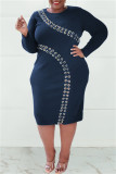 Black Fashion Casual Solid Hollowed Out O Neck Long Sleeve Plus Size Dresses