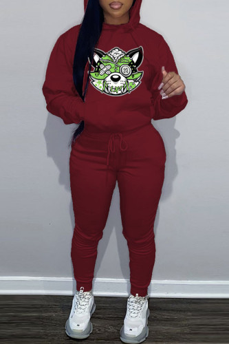 Burgundy Casual Print Long Sleeve Sweatshirt And Skinny Pants Sportwear Two Piece Jogger Set