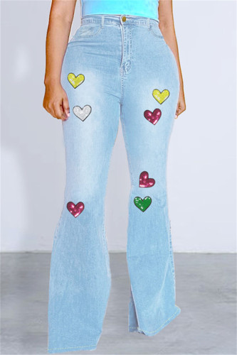 Baby Blue Casual Print Patchwork High Waist Regular Denim Jeans