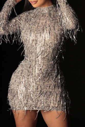 Apricot Sexy Patchwork Tassel Sequins Half A Turtleneck Long Sleeve Dresses