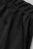 ブラックセクシーソリッドパッチワークバックルシースルーターンダウンカラー半袖ツーピース
