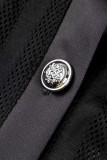 ブラックセクシーソリッドパッチワークバックルシースルーターンダウンカラー半袖ツーピース