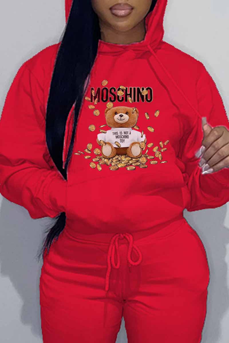 

Red Casual Character Print Letter Hooded Collar Tops