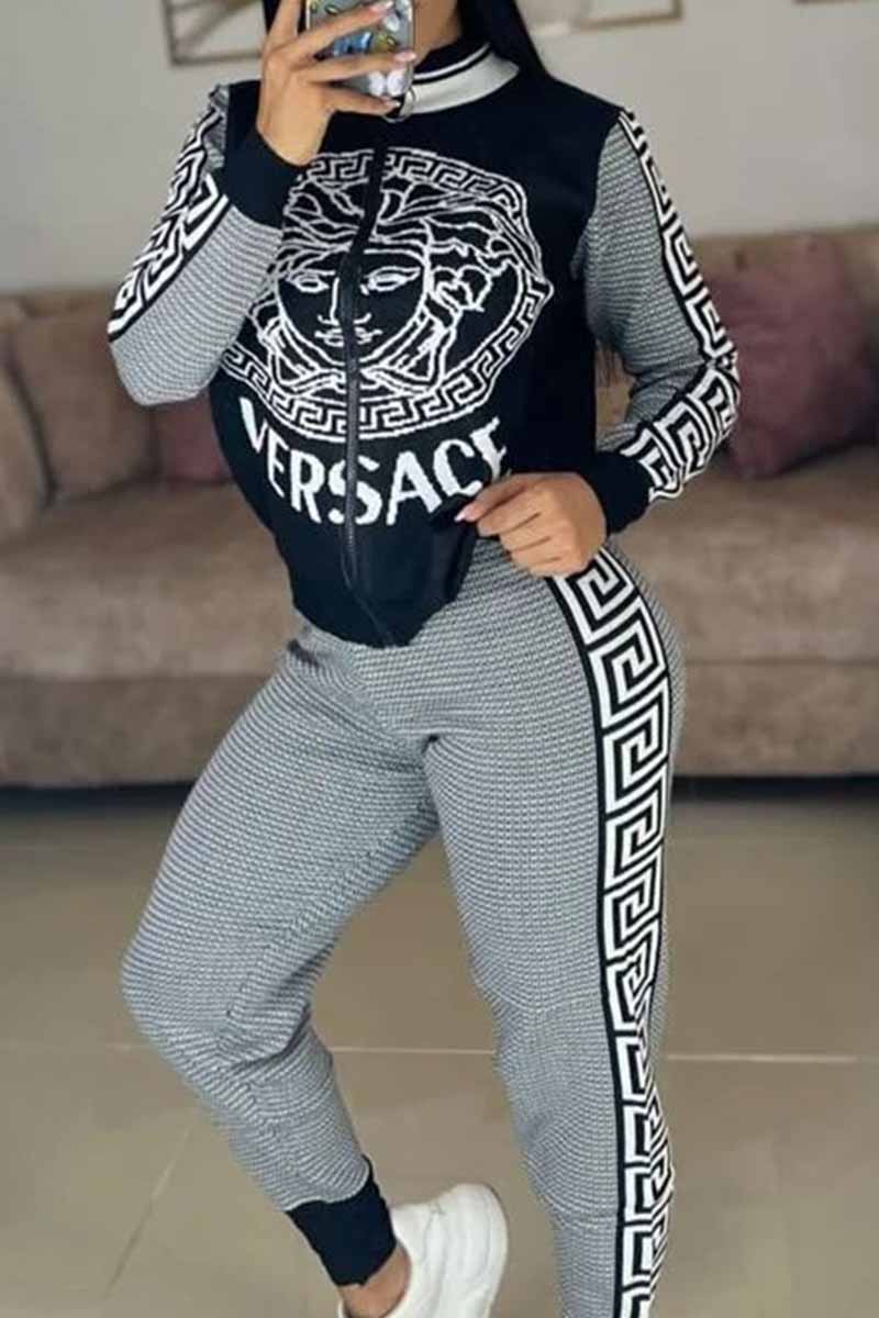 

Black Casual Print Letter Zipper Collar Long Sleeve Two Pieces