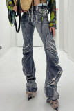 Jeans jeans cinza claro com estampa de rua patchwork cintura alta