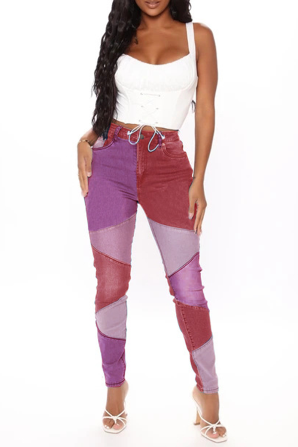 Fuchsia Casual Color Block Patchwork Skinny Jeans med mid midja