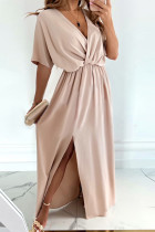 Apricot Casual Solid Patchwork Slit V Neck Long Dress Dresses