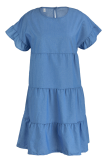 Vestidos de falda de pastel con cuello en O de patchwork sólido casual azul claro