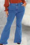 Tibetansk blå Casual Solid Patchwork jeans i plusstorlek