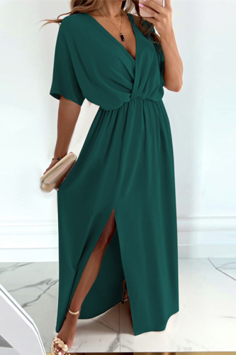 Grüne beiläufige feste Patchwork-Schlitz-V-Ausschnitt-lange Kleid-Kleider