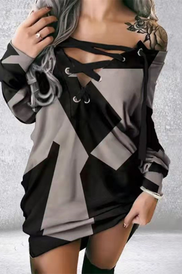 Vestidos de manga comprida cinza estampado casual patchwork frenulum decote em v