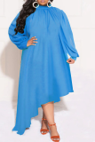 Robes de grande taille bleu bébé décontracté solide patchwork demi col roulé robe irrégulière