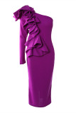 Purple Sexy Casual Solid Patchwork Flounce Oblique Collar Long Sleeve Dresses