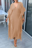 Бургундия Сексуальная Твердая Кисточка Выдалбливают Пэчворк V-образным Вырезом Пляжное Платье Платья