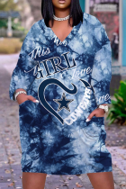 Robes droites à col en V et patchwork à imprimé vintage bleu royal