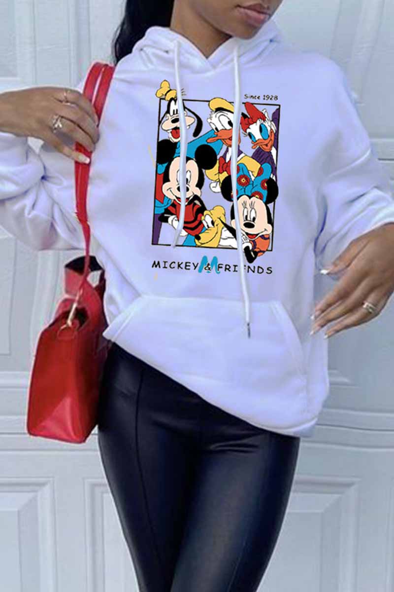 

White Street Character Print Letter Hooded Collar Tops