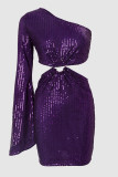 Púrpura sexy patchwork ahuecado lentejuelas sin espalda cuello oblicuo manga larga vestidos
