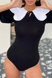 Black Sexy Solid Frenulum Turndown Collar Skinny Bodysuits