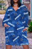 Vestidos retos azuis casuais com estampa vintage patchwork decote em v