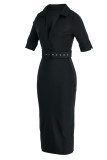 ブラック カジュアル ソリッド パッチワーク ベルト付き ターンダウン カラー ワンステップ スカート ドレス