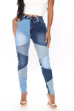 Calça jeans skinny fúcsia casual Color Block Patchwork cintura média