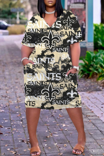 Army Green Casual New Orleans Saints Print O Neck Shorts Sleeve Plus Size Texans Jersey A Line Midi T-shirt Dress