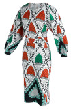 Vestidos de saia de um passo com estampa elegante laranja verde patchwork O decote