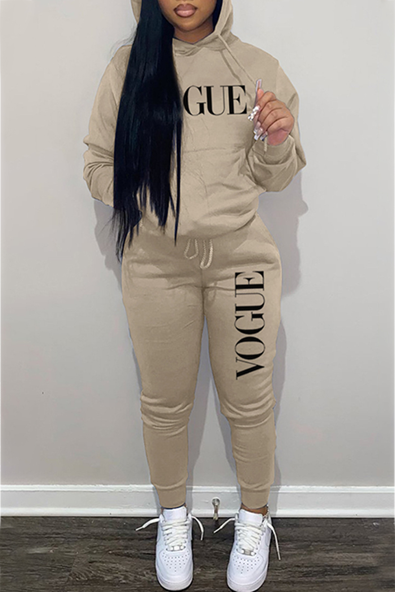 

Khaki Casual Print Letter Hooded Collar Long Sleeve Two Pieces