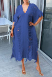 Blauwe sexy effen kwastjes uitgeholde patchwork v-hals strandjurk jurken