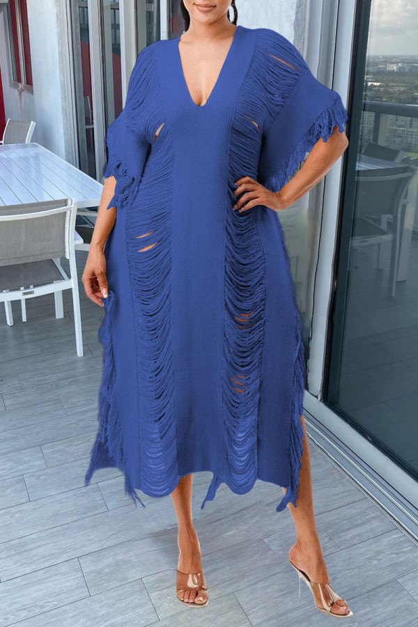 Blauwe sexy effen kwastjes uitgeholde patchwork v-hals strandjurk jurken
