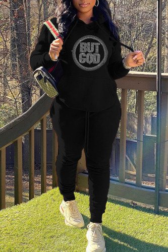 Black Casual Hot Drill Print Hooded Collar Long Sleeve Sweatshirt And Pants Sportwear Two Piece Jogger Set