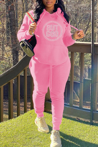 Pink Casual Hot Drill Print Hooded Collar Long Sleeve Sweatshirt And Pants Sportwear Two Piece Jogger Set
