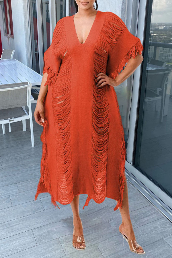 Tangerine Red Sexy Solid Quaste Ausgehöhltes Patchwork V-Ausschnitt Strandkleid Kleider