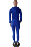 Blue Casual Solid Patchwork Hooded Collar Plus Size Two Pieces