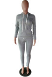 Grey Casual Solid Patchwork Hooded Collar Plus Size Two Pieces