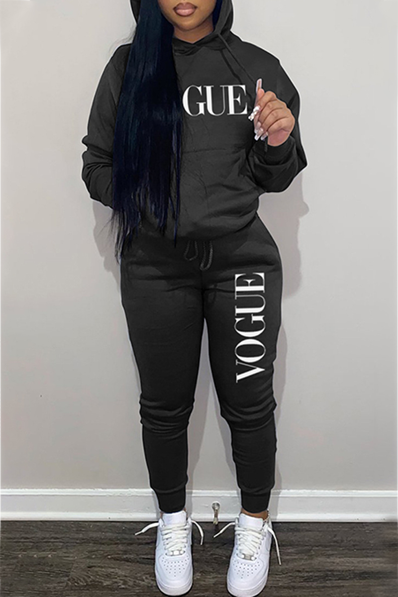 

Black Casual Print Letter Hooded Collar Long Sleeve Two Pieces