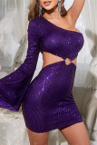 Púrpura sexy patchwork ahuecado lentejuelas sin espalda cuello oblicuo manga larga vestidos