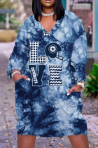 Robes droites à col en V et patchwork à imprimé vintage de rue bleu blanc
