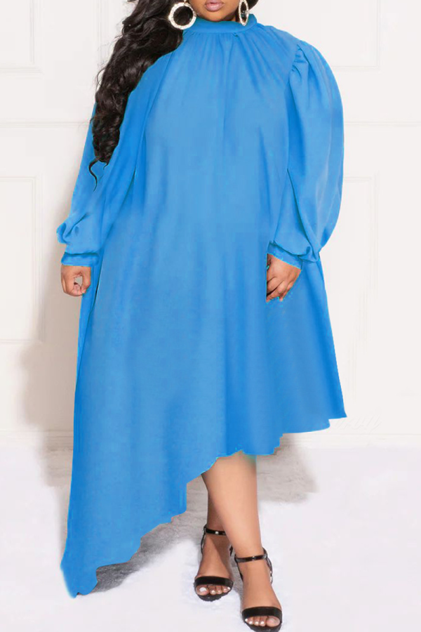Нежно-синее повседневное однотонное лоскутное платье с высоким воротником и асимметричным платьем Платья больших размеров